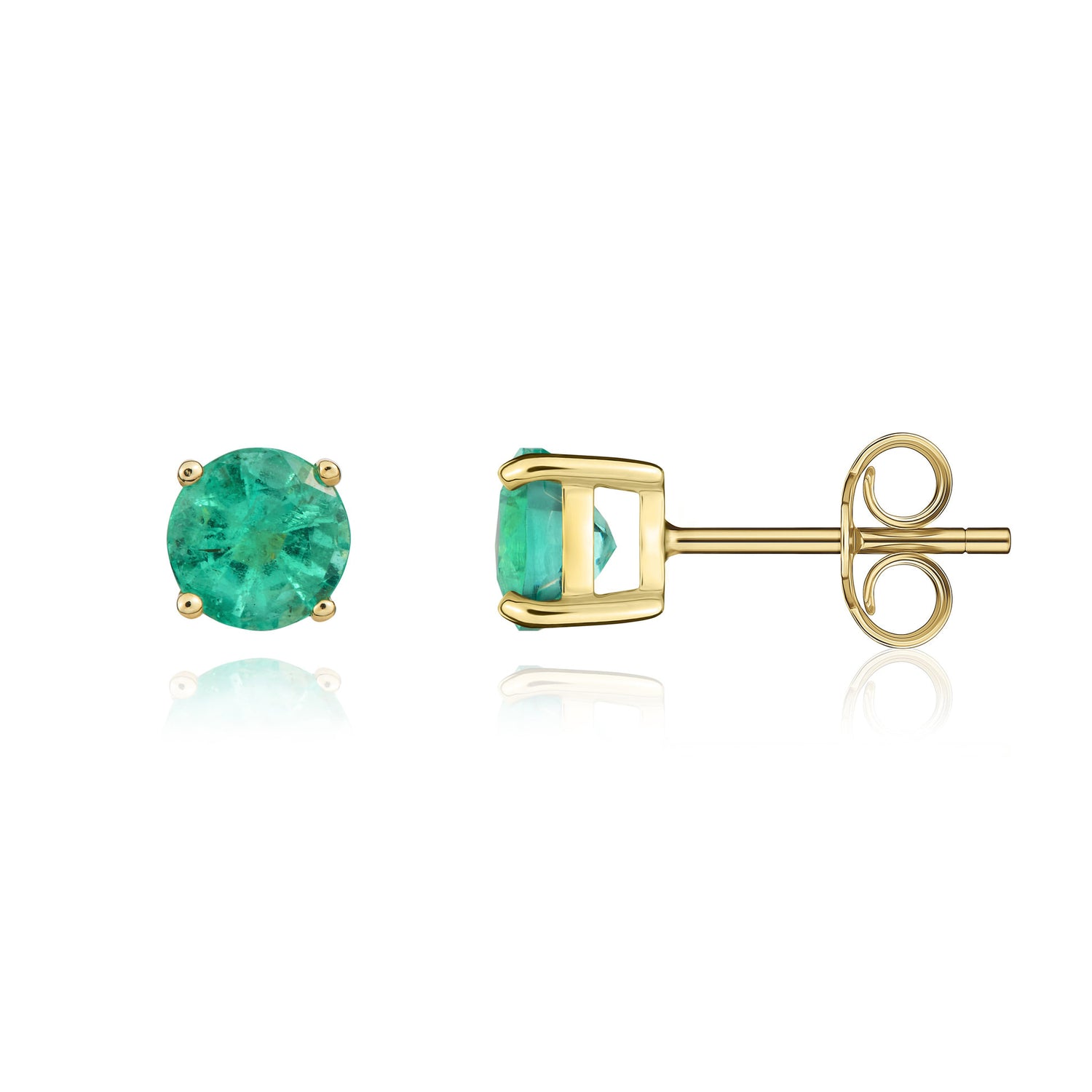 9ct Yellow Gold Round Natural Emerald Claw Set Stud Earrings — 5mm