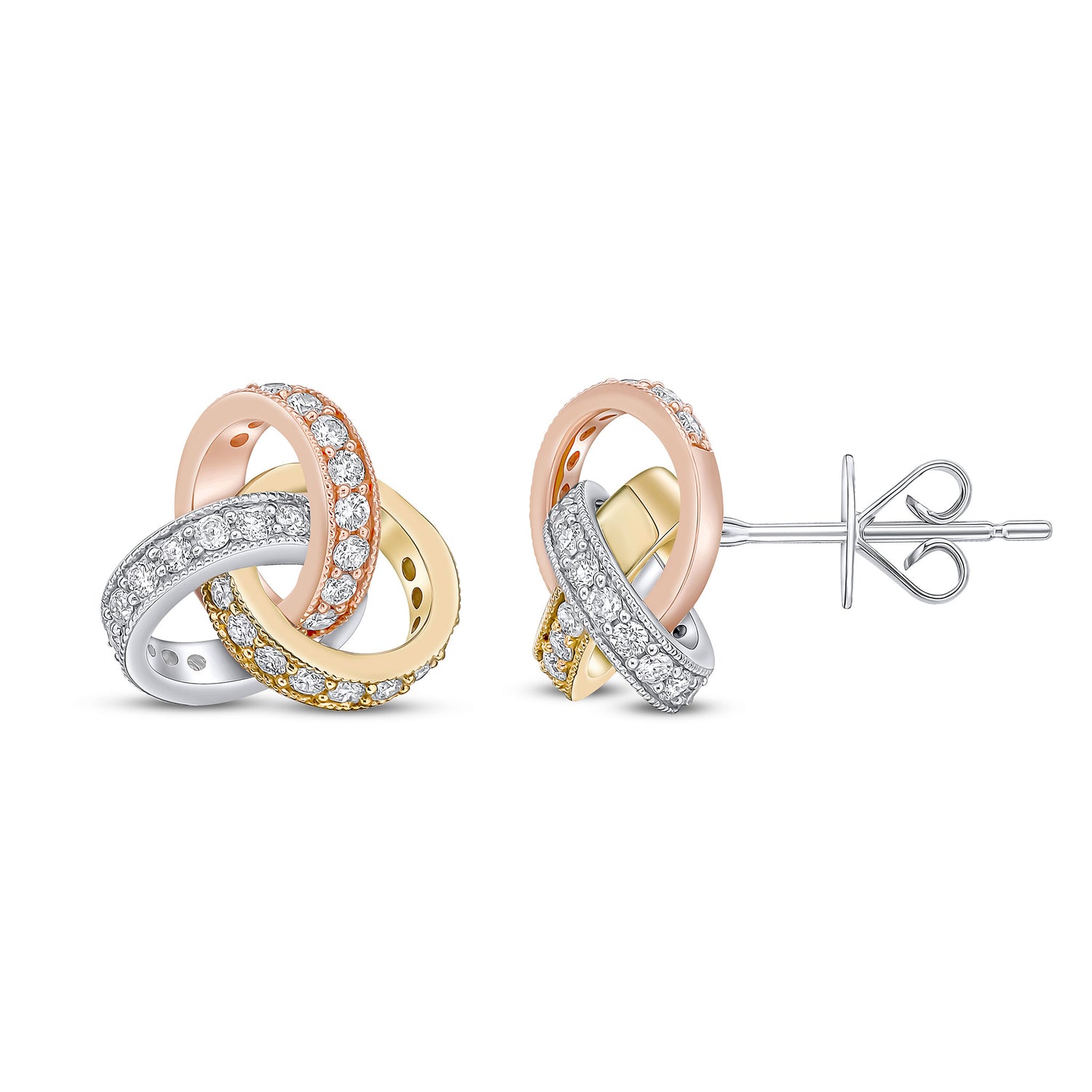 18ct Yellow, White and Rose Gold Round Natural Diamond Grain Set Knot Stud Earrings