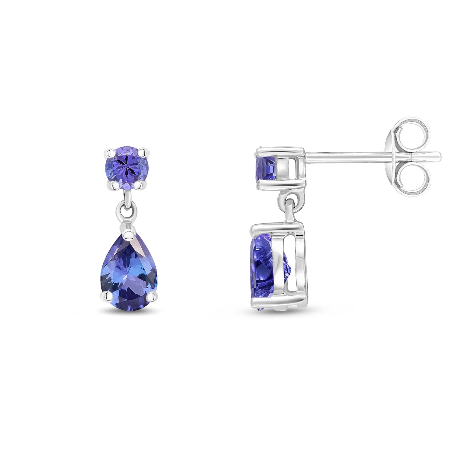 9ct White Gold Round and Pear Shaped Natural Tanzanite Two Stone Drop Earrings — 6x4mm