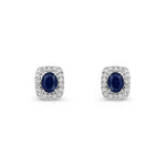 9ct White Gold Oval Natural Sapphire & Diamond Cushion Cluster Stud Earrings — 4x3mm