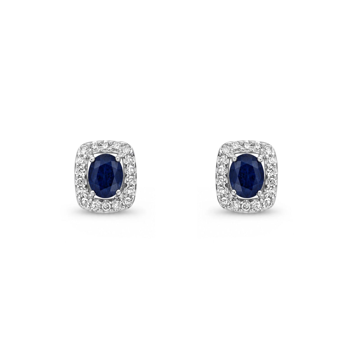 9ct White Gold Oval Natural Sapphire & Diamond Cushion Cluster Stud Earrings — 4x3mm