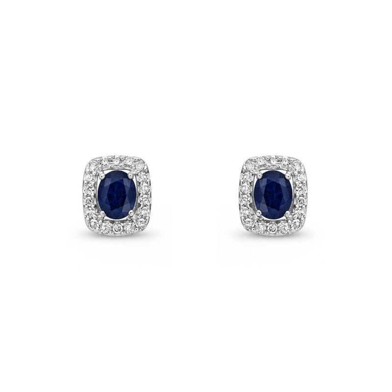 9ct White Gold Oval Natural Sapphire & Diamond Cushion Cluster Stud Earrings — 4x3mm