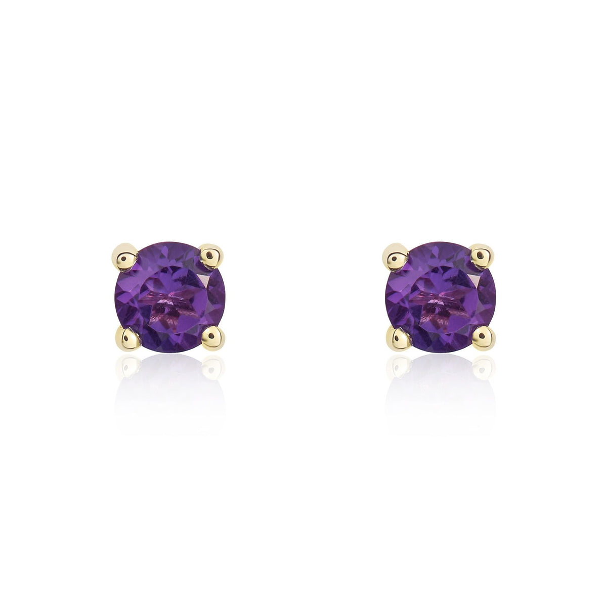 9ct Yellow Gold Round Natural Amethyst Claw Stud Earrings — 4mm