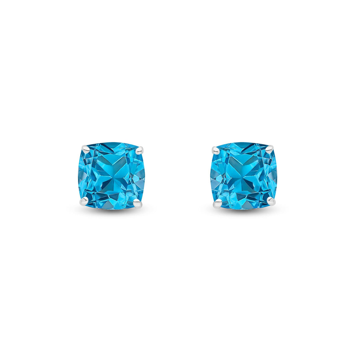 9ct White Gold Cushion Natural Swiss Blue Topaz Claw Stud Earrings — 8mm