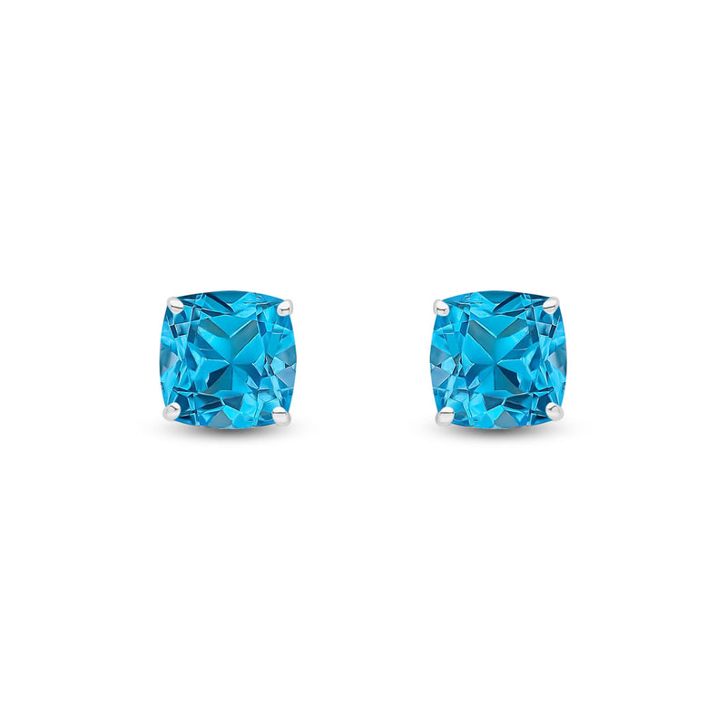 9ct White Gold Cushion Natural Swiss Blue Topaz Claw Stud Earrings — 8mm