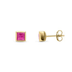 9ct Yellow Gold Square Natural Ruby Rubover Stud Earrings — 3mm