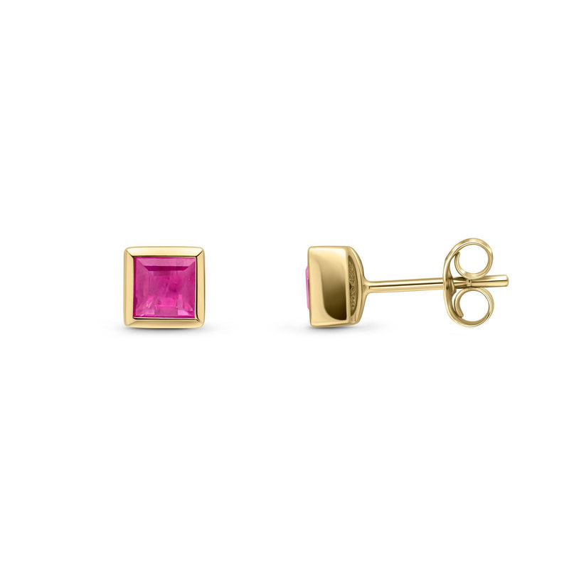 9ct Yellow Gold Square Natural Ruby Rubover Stud Earrings — 3mm