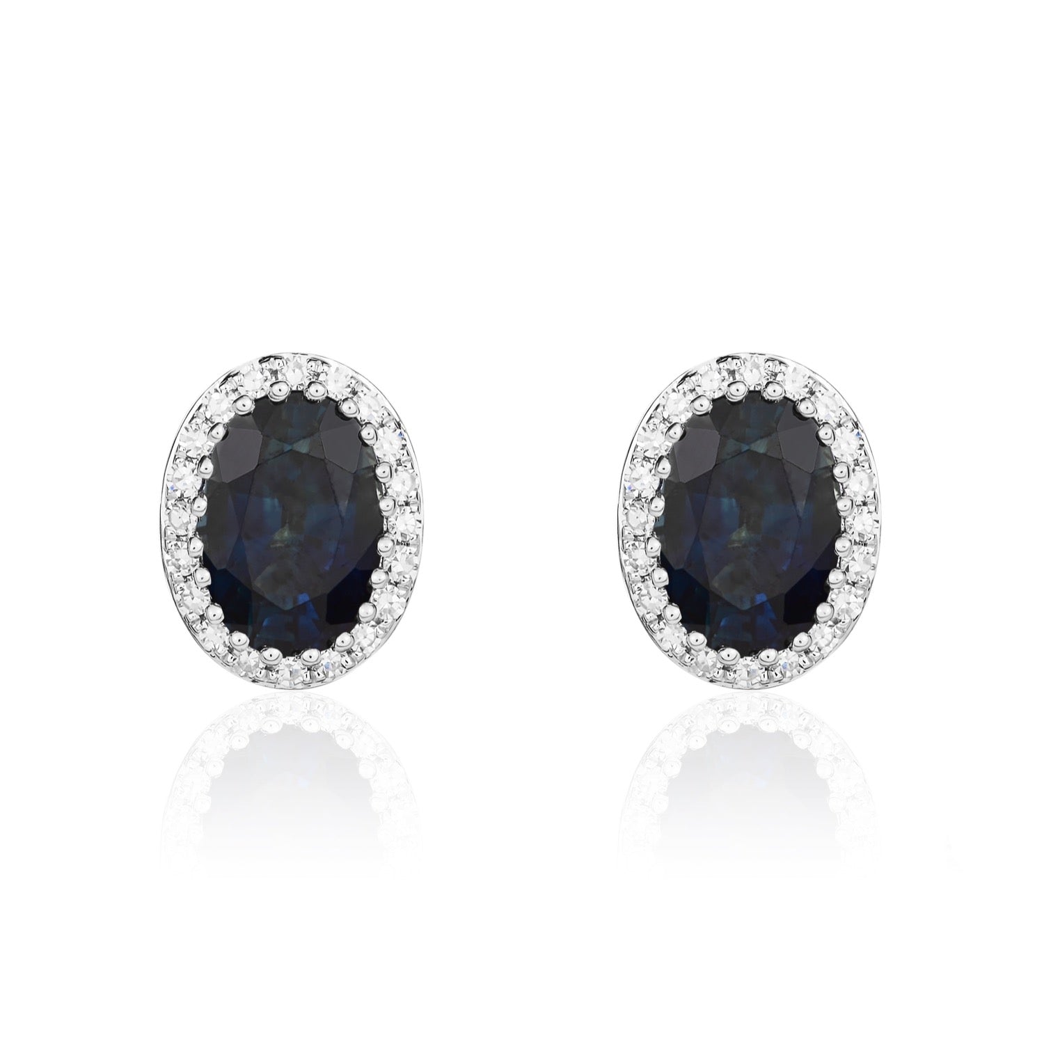 9ct White Gold Oval Natural Sapphire and Diamond Cluster Earrings — 7x5mm