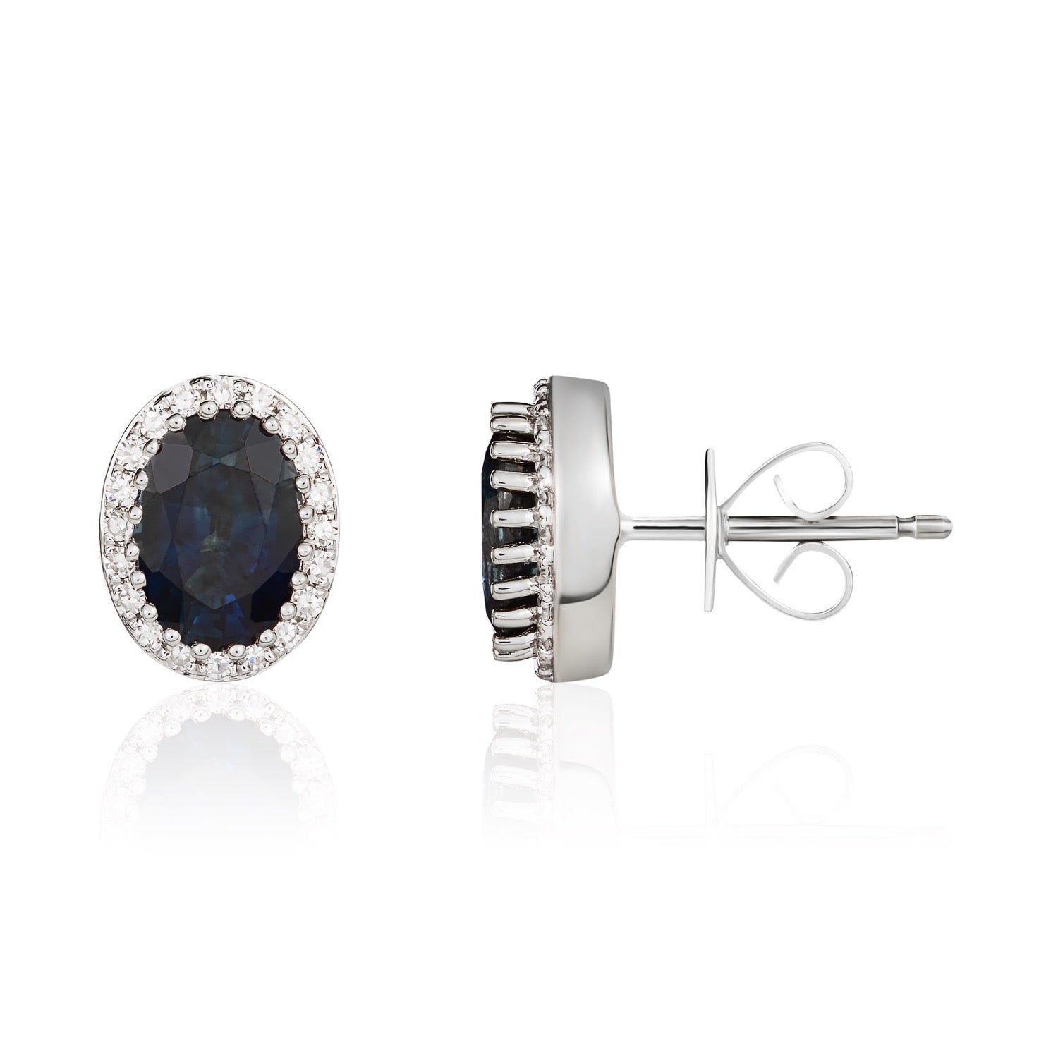 9ct White Gold Oval Natural Sapphire and Diamond Cluster Earrings — 7x5mm