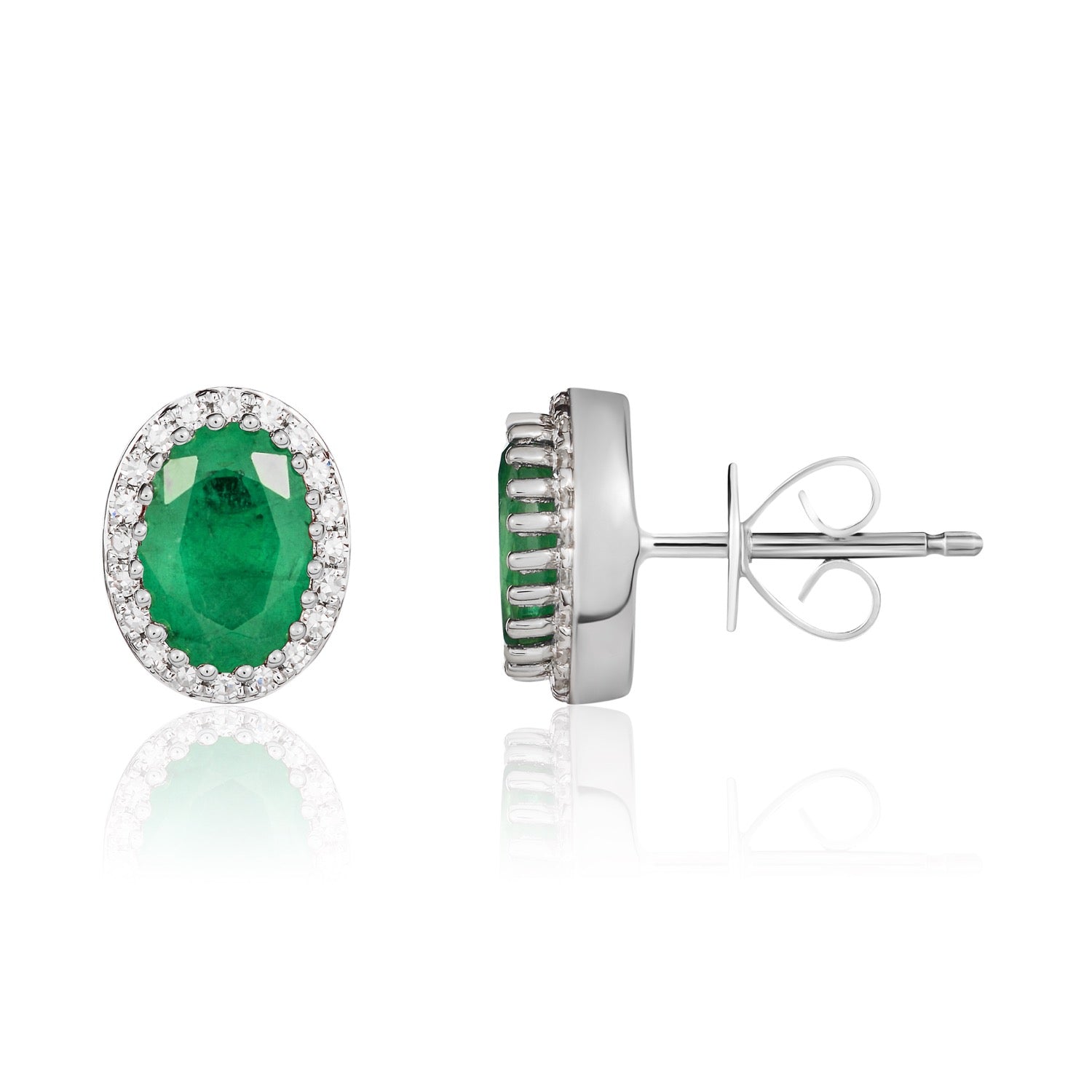 9ct White Gold Oval Natural Emerald and Diamond Cluster Earrings — 7x5mm