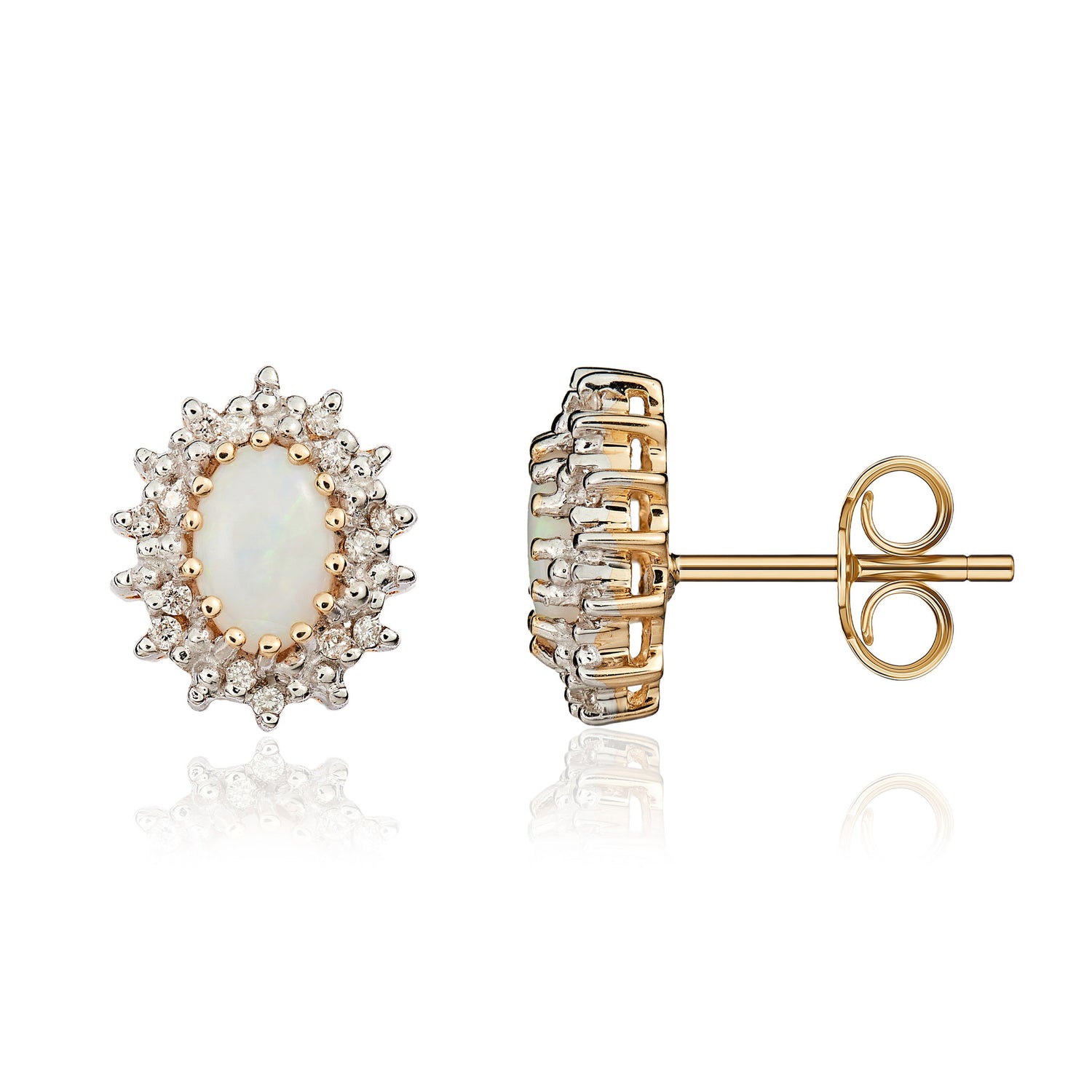 9ct Yellow Gold Oval Natural Opal and Diamond Cluster Earrings — 6x4mm