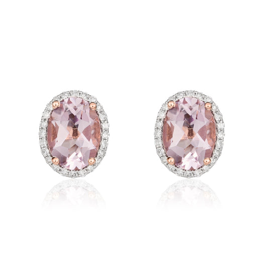 9ct Rose Gold Oval Natural Pink Amethyst and Diamond Claw Set Cluster Stud Earrings — 8x6mm