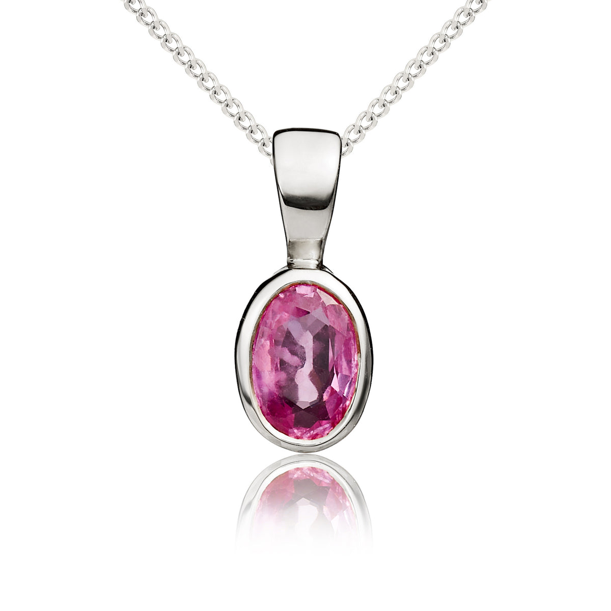9ct White Gold Oval Natural Pink Sapphire Rubover Pendant — 6x4mm