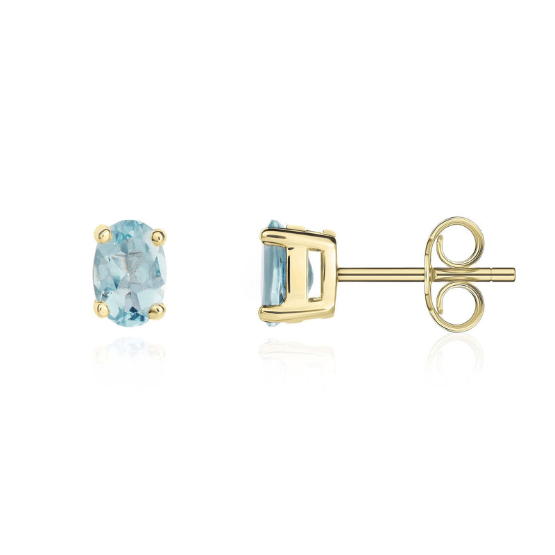 9ct Yellow Gold Oval Natural Aquamarine Claw Stud Earrings — 6x4mm