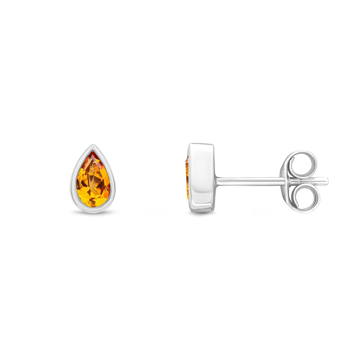9ct White Gold Pear Shaped Natural Citrine Rubover Stud Earrings — 5x3mm