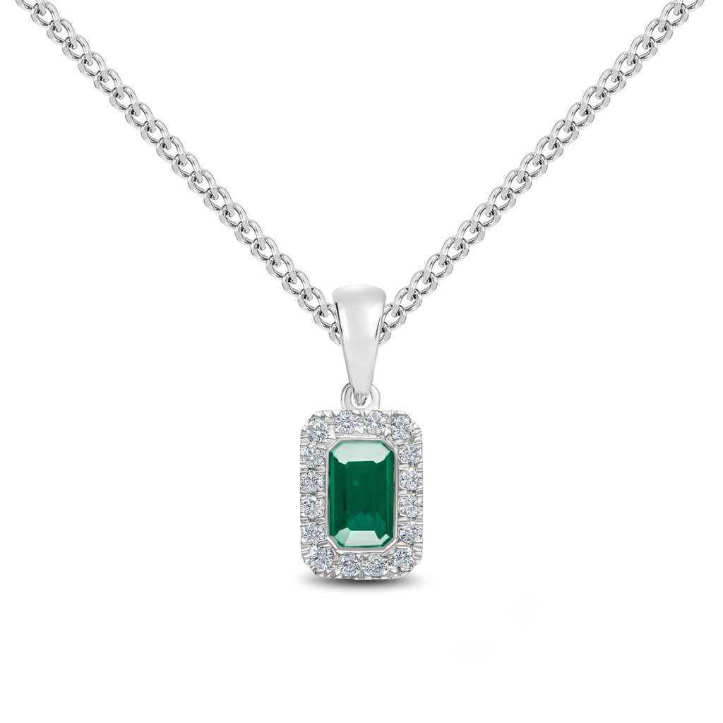 18ct White Gold Octagonal Emerald Cut Natural Emerald and Round Diamond Microset Cluster Pendant — 5x3mm