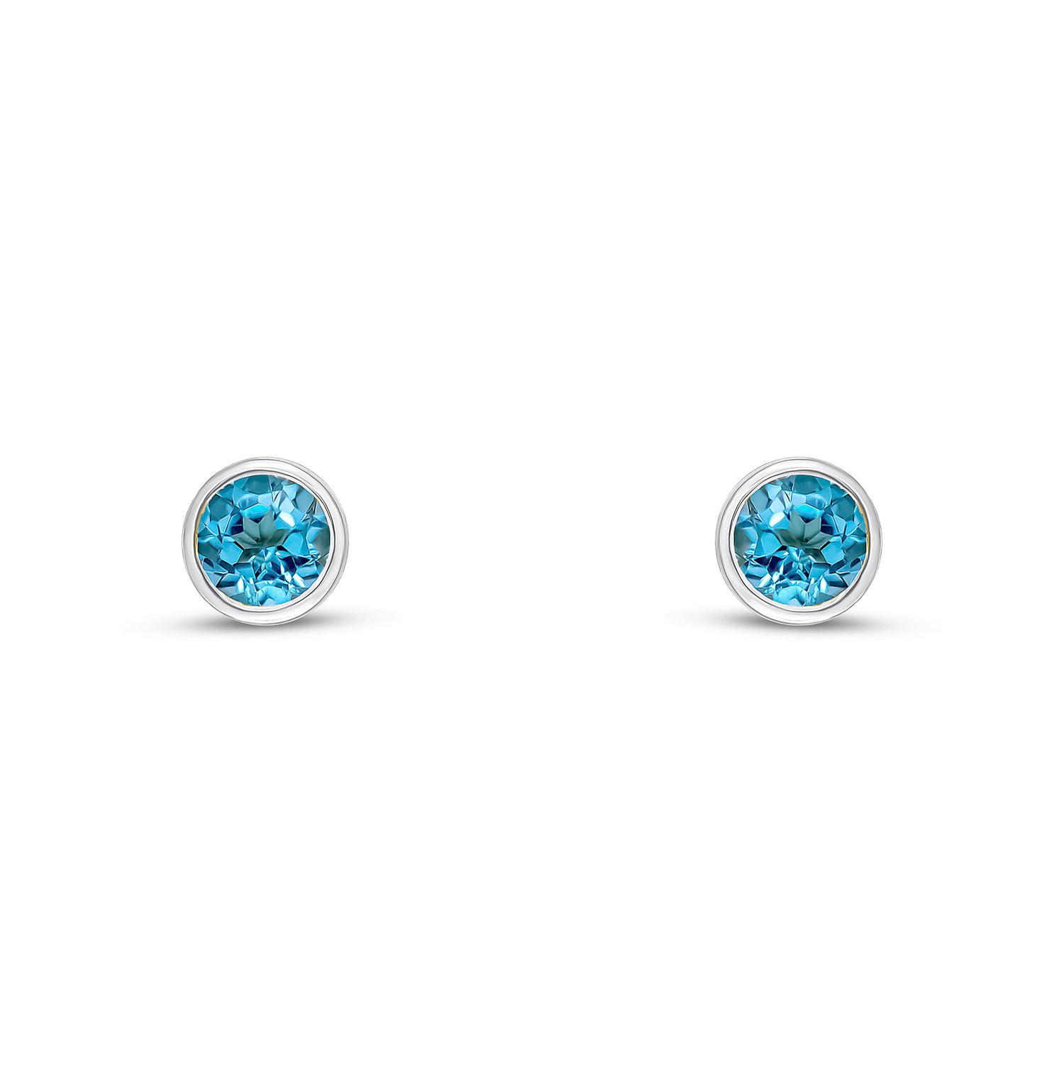 9ct White Gold Round Natural Swiss Blue Topaz Rubover Stud Earrings — 4mm