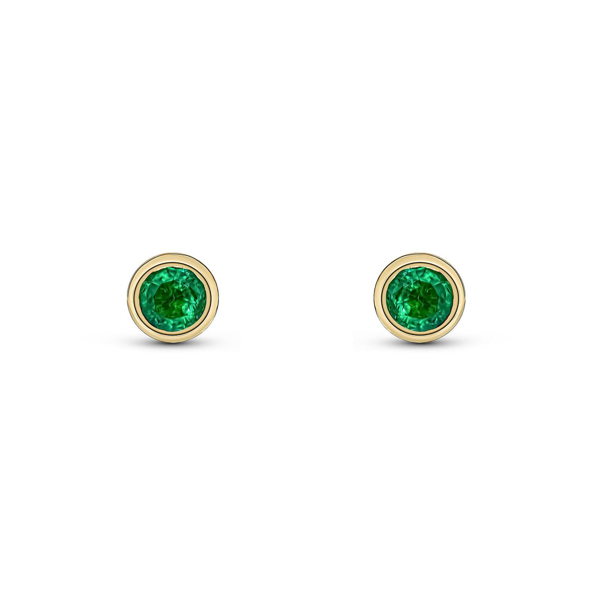 9ct Yellow Gold Round Natural Emerald Rubover Stud Earrings — 3mm