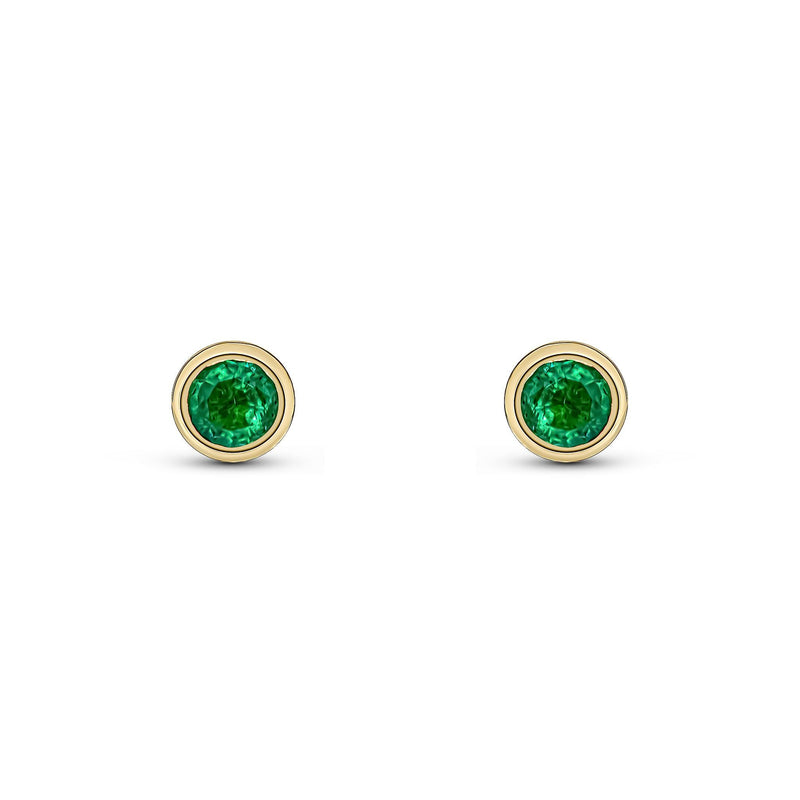9ct Yellow Gold Round Natural Emerald Rubover Stud Earrings — 3mm