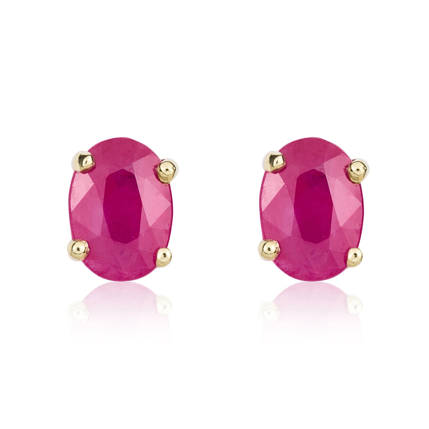 9ct Yellow Gold Round Natural Ruby Claw Stud Earrings — 7x5mm
