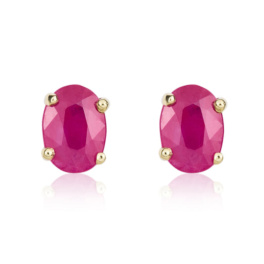 9ct Yellow Gold Round Natural Ruby Claw Stud Earrings — 7x5mm