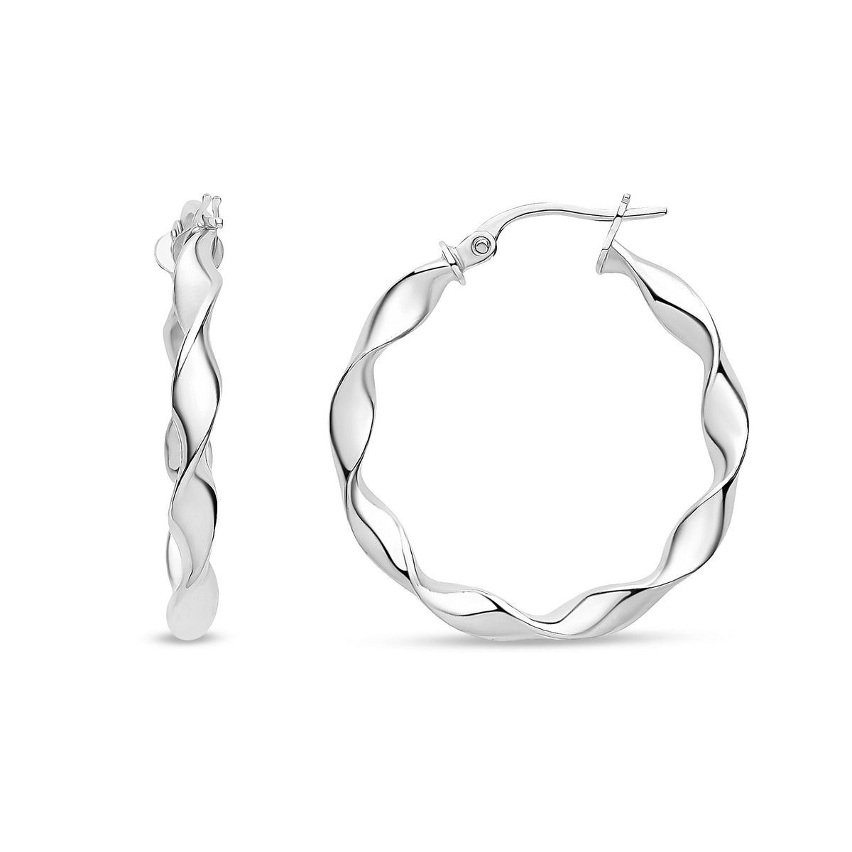 9ct White Gold Round Twisted Hoop Earrings — 25mm