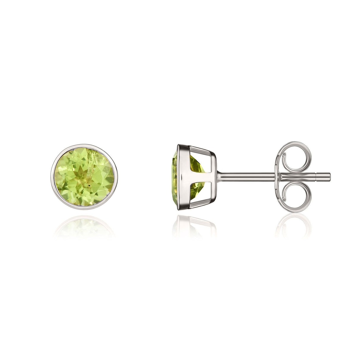 9ct White Gold Round Natural Peridot Rubover Stud Earrings — 5mm