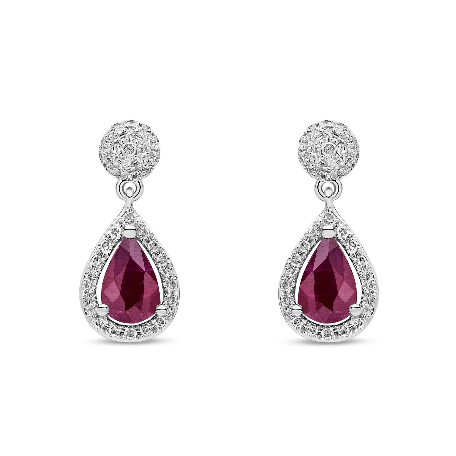 18ct White Gold Natural Ruby and Diamond Teardrop Drop Earrings
