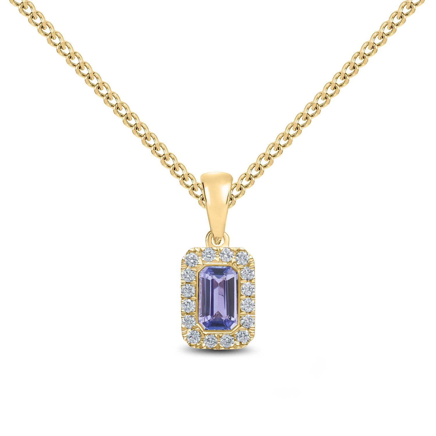 18ct Yellow Gold Octagonal Emerald Cut Natural Tanzanite and Round Diamond Microset Cluster Pendant — 5x3mm