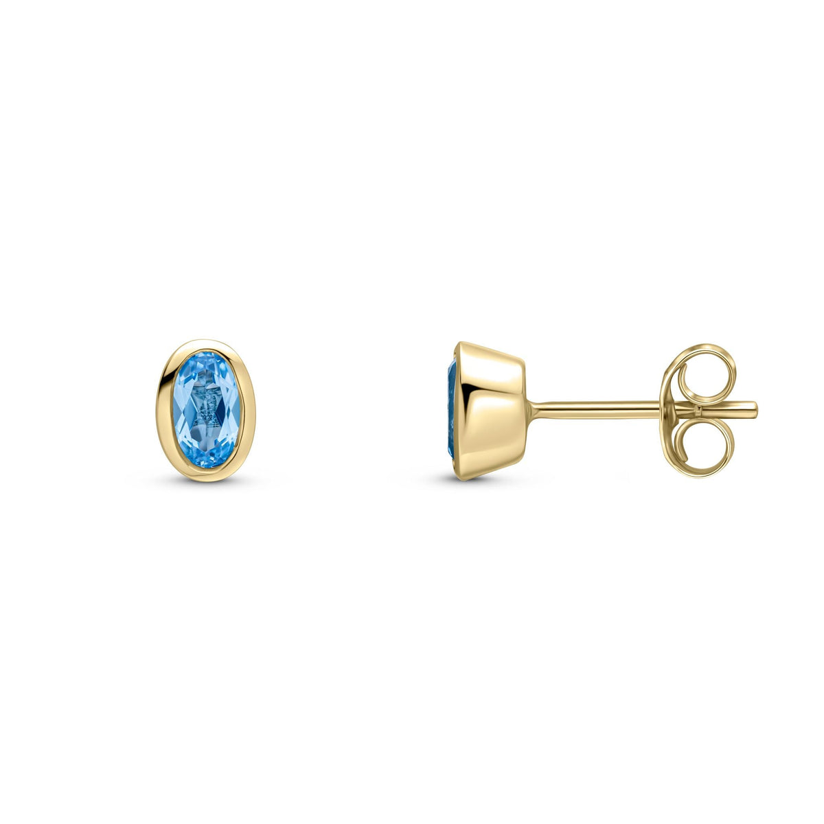 9ct Yellow Gold Oval Natural Swiss Blue Topaz Rubover Stud Earrings — 5x3mm