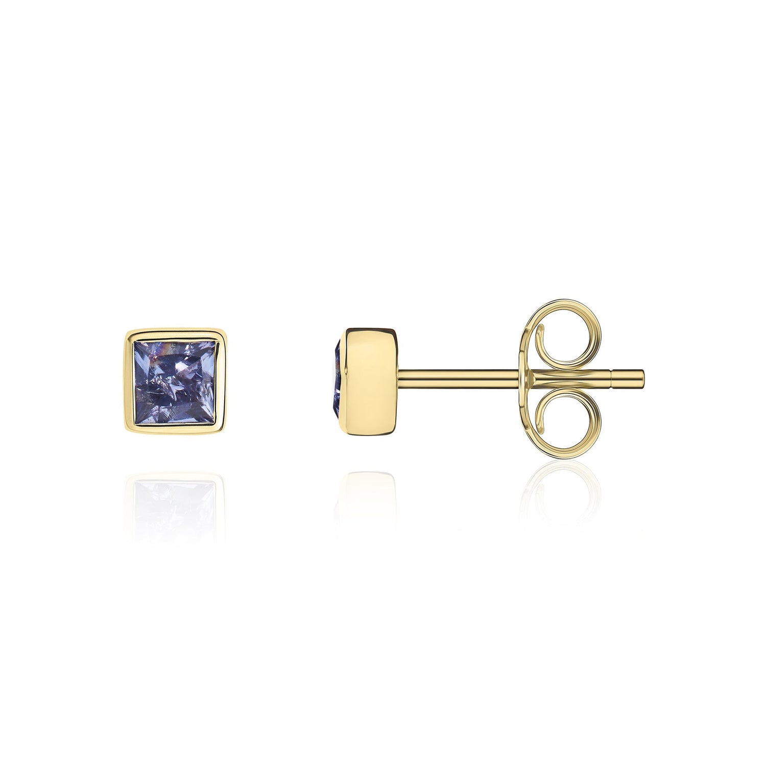 9ct Yellow Gold Square Natural Tanzanite Rubover Stud Earrings — 3mm