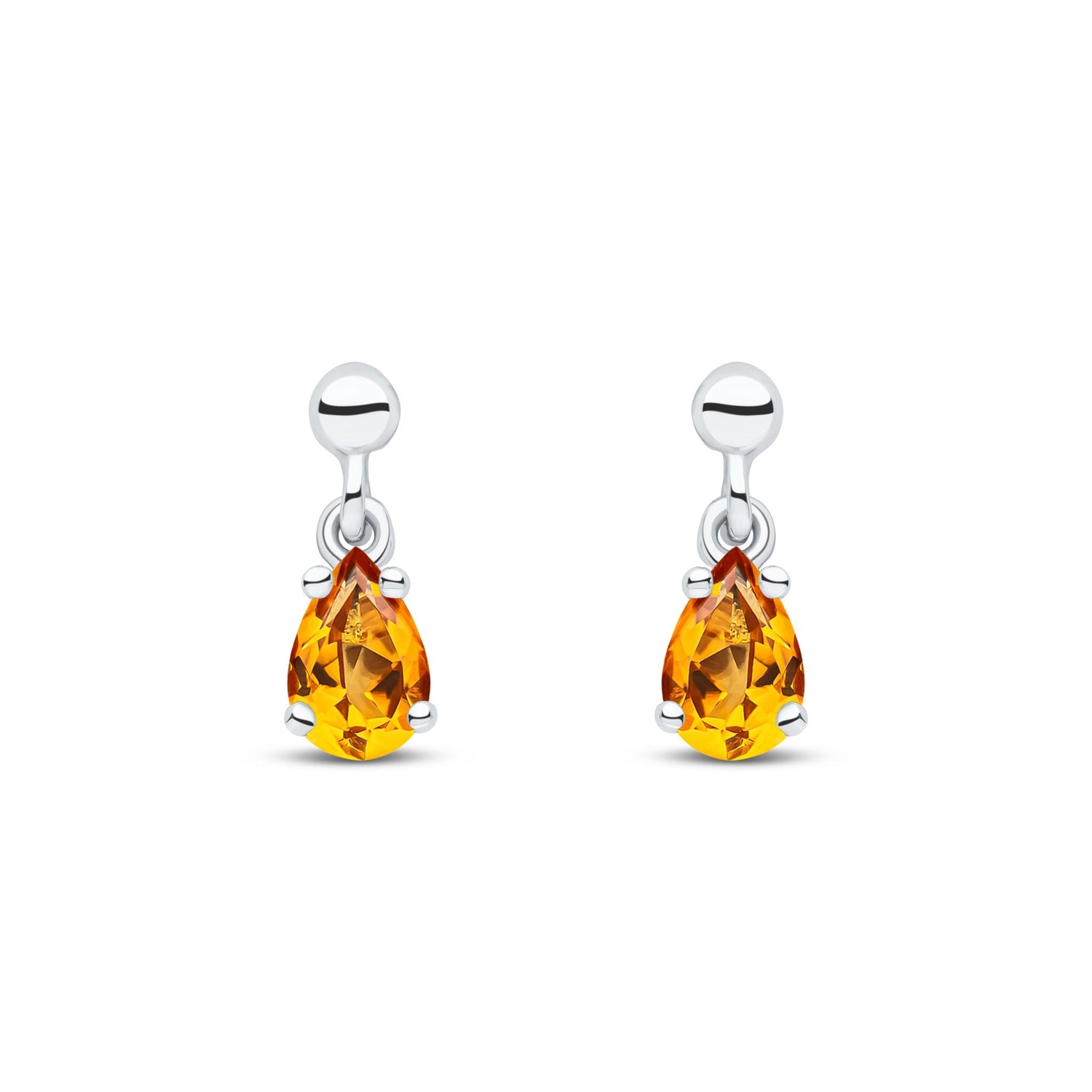9ct White Gold Pear Shaped Natural Citrine Claw Drop Earrings with Bead Tops — 6x4mm
