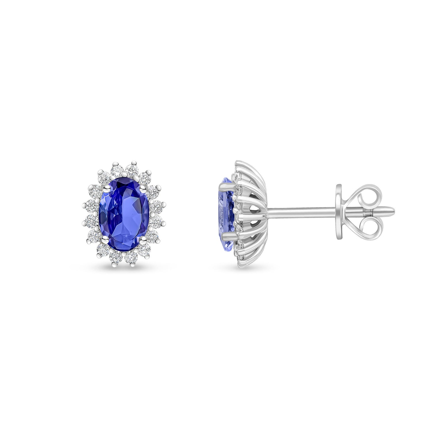 18ct White Gold Oval Natural Tanzanite and Round Diamond Claw Set Cluster Stud Earrings — 6x4mm