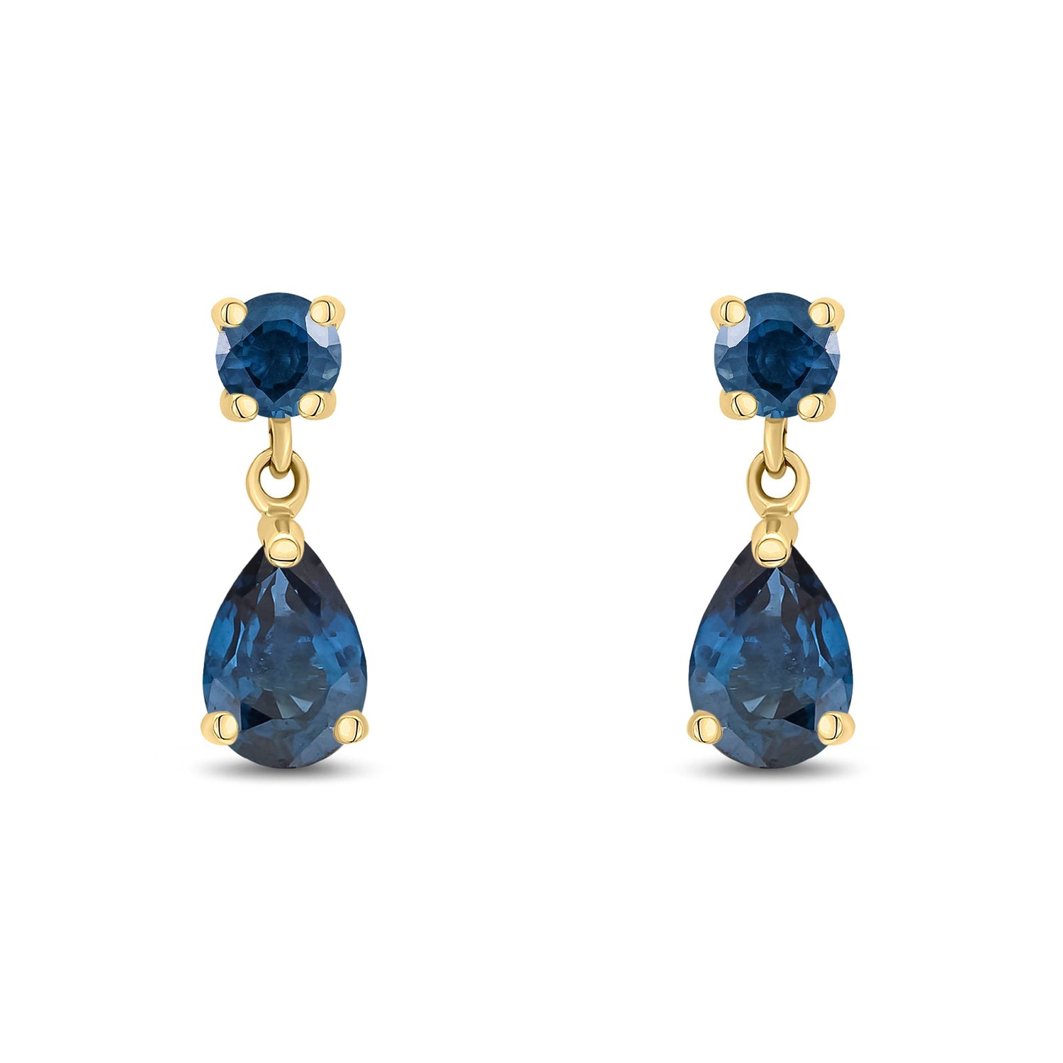 9ct Yellow Gold Round and Pear Shaped Natural Sapphire Two Stone Drop Earrings — 6x4mm