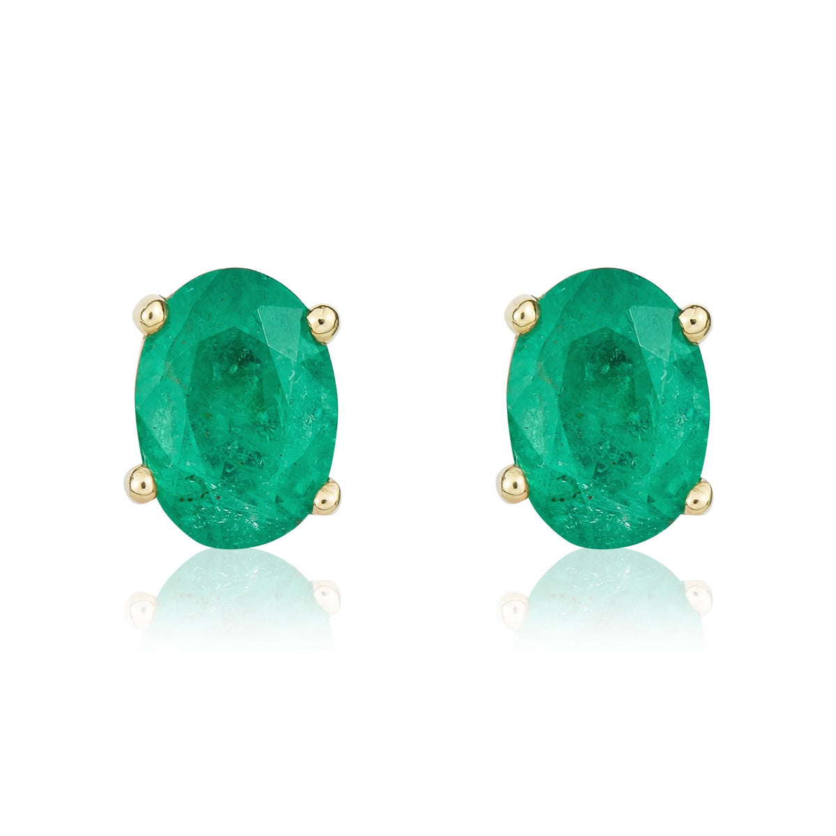 9ct Yellow Gold Oval Natural Emerald Claw Stud Earrings — 7x5mm
