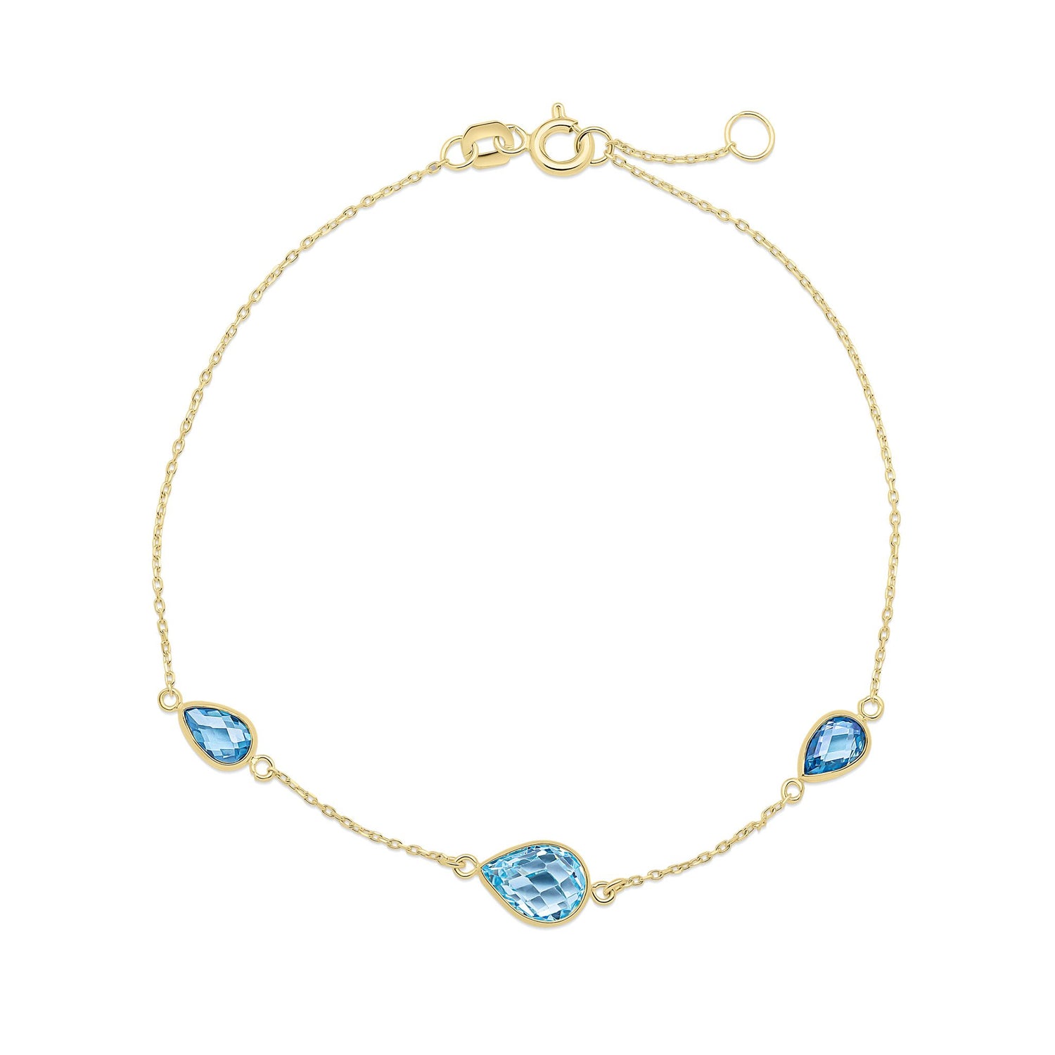9ct Yellow Gold Blue Cubic Zirconia Pear Station Bracelet