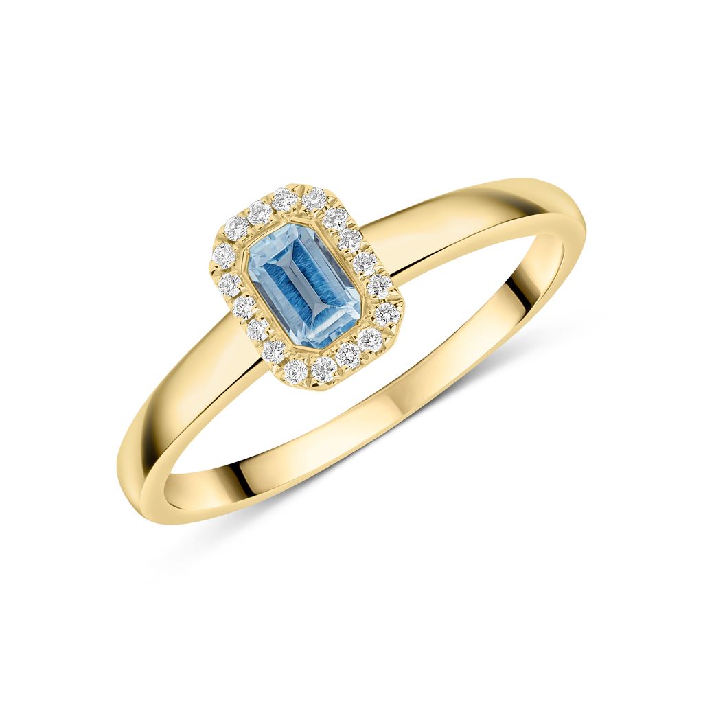 18ct Yellow Gold Emerald Cut Aquamarine and Diamond Microset Cluster Ring — 5x3mm