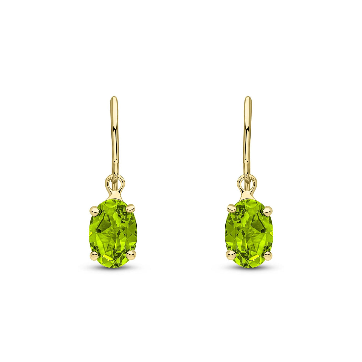 9ct Yellow Gold Oval Natural Peridot Claw Hook Wire Drop Earrings — 7x5mm