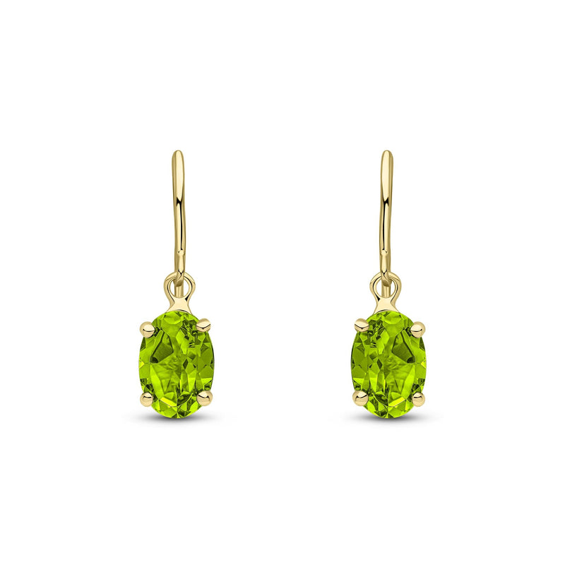 9ct Yellow Gold Oval Natural Peridot Claw Hook Wire Drop Earrings — 7x5mm