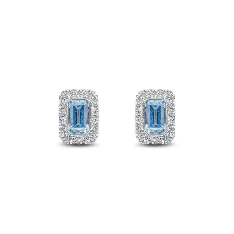 18ct White Gold Octagonal Emerald Cut Natural Aquamarine and Diamond Cluster Earrings — 5x3mm