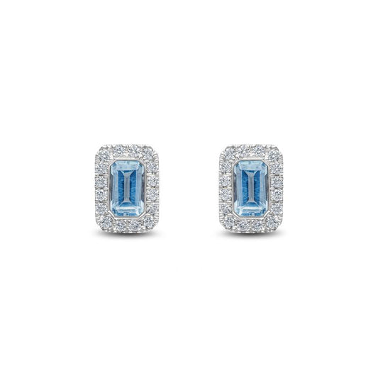 18ct White Gold Octagonal Emerald Cut Natural Aquamarine and Diamond Cluster Earrings — 5x3mm