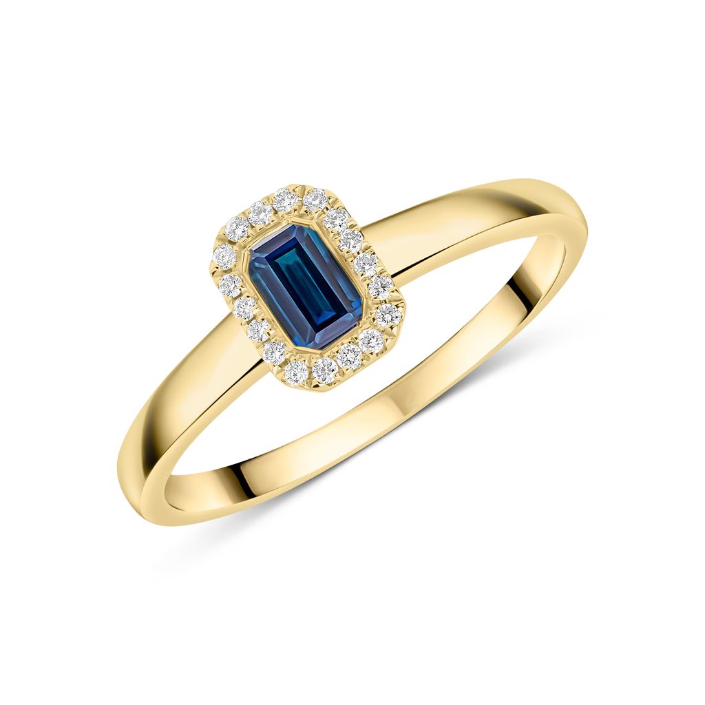 18ct Yellow Gold Emerald Cut Sapphire and Diamond Microset Cluster Ring — 5x3mm