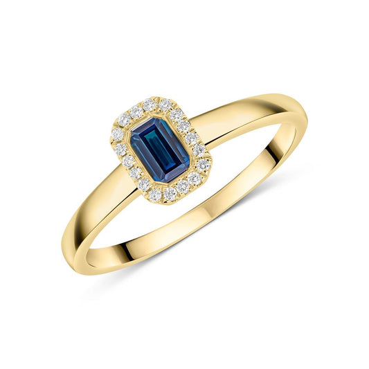 18ct Yellow Gold Octagonal Emerald Cut Natural Sapphire and Diamond Halo Cluster Ring — 5x3mm