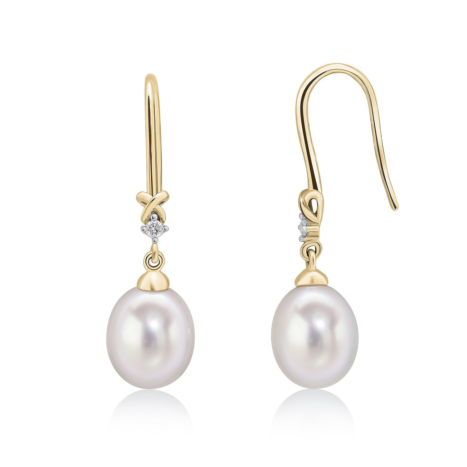 9ct Yellow Gold Natural Freshwater Cultured Pearl and Diamond Wire Hook Drop Earrings