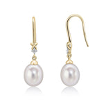 9ct Yellow Gold Freshwater Cultured Pearl and Natural Diamond Wire Hook Drop Earrings