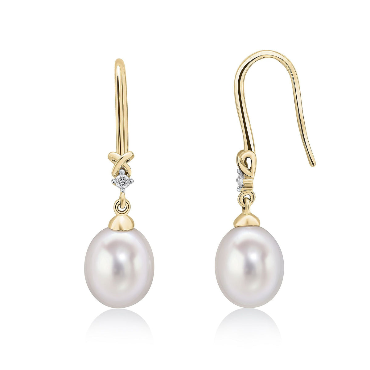 9ct Yellow Gold Freshwater Cultured Pearl and Natural Diamond Wire Hook Drop Earrings