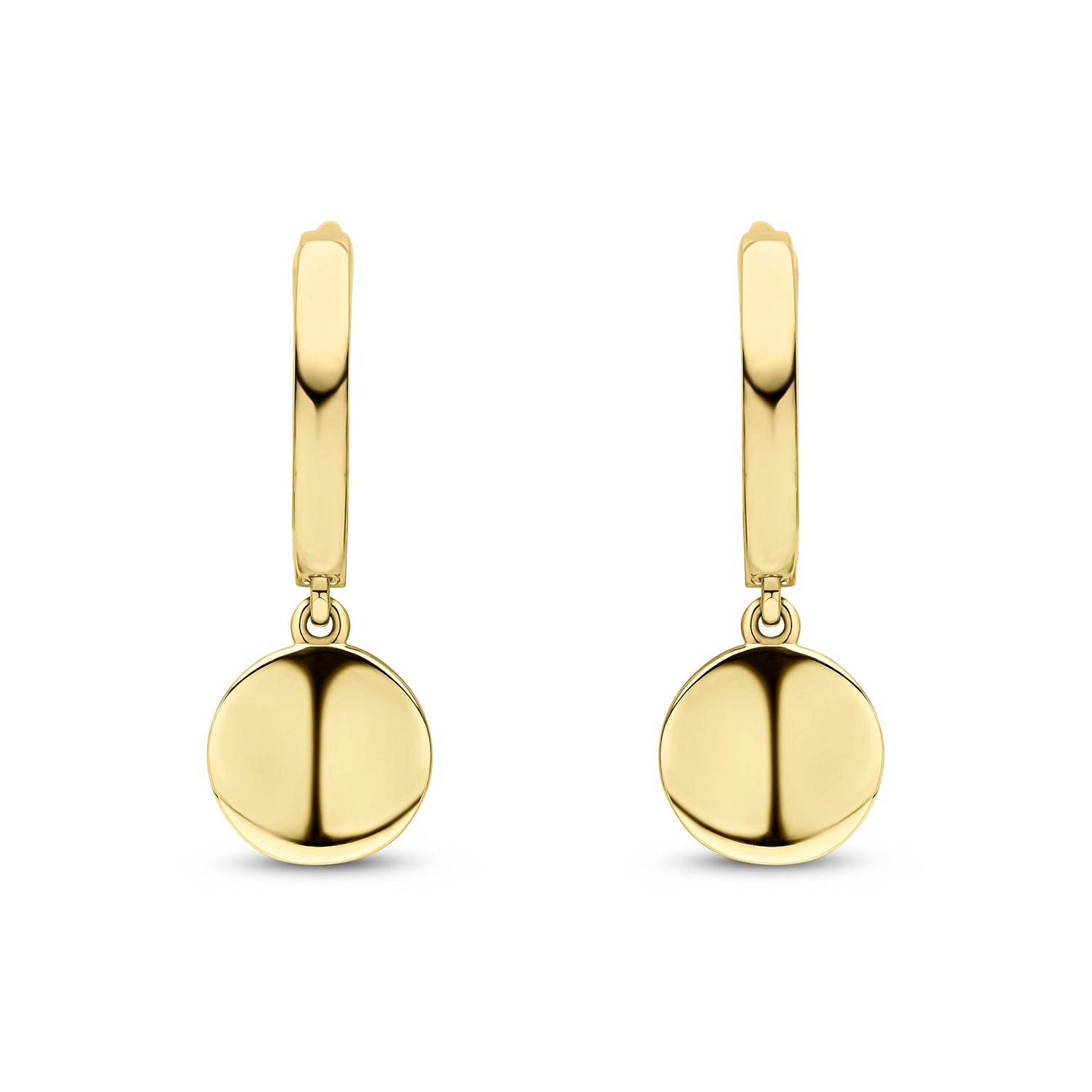 9CT Yellow Gold Squared Tube Hinged Hoop Earrings with Polished Disc Drop — 17mm