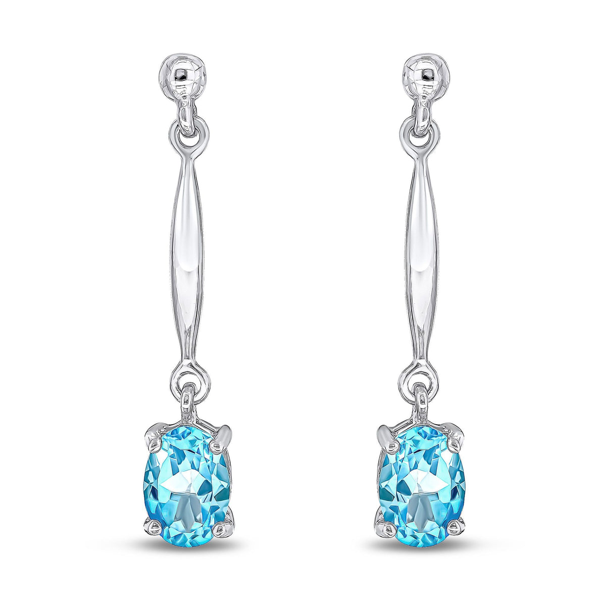 9ct White Gold Oval Natural Swiss Blue Topaz Claw Bar Drop Earrings — 7x5mm