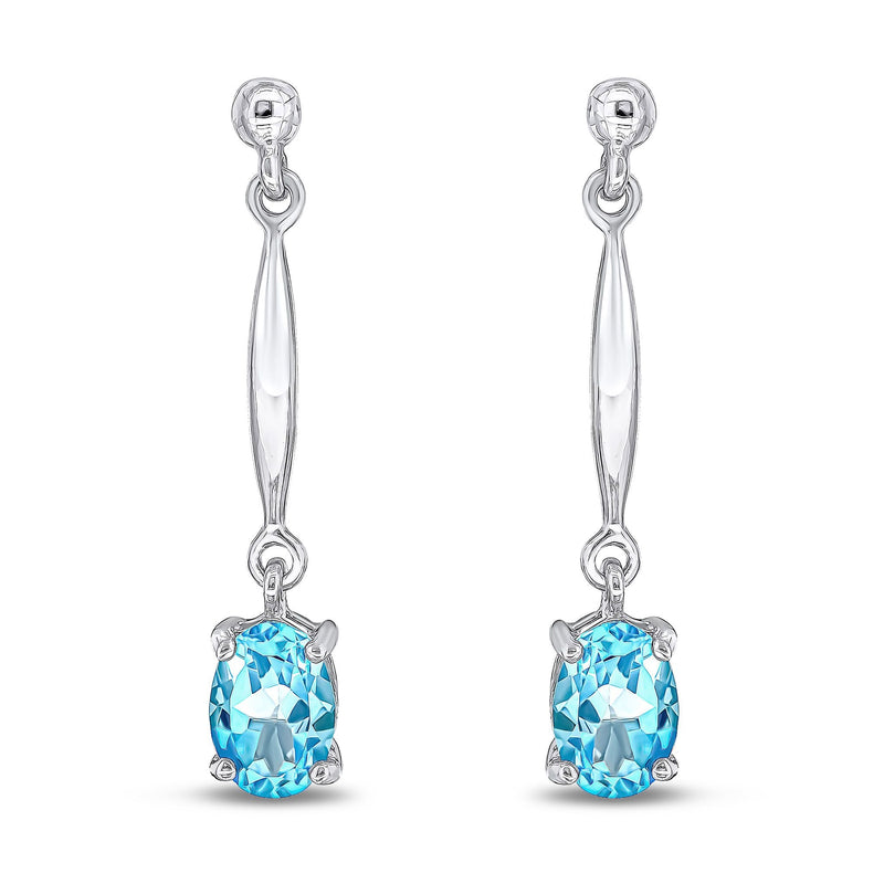 9ct White Gold Oval Natural Swiss Blue Topaz Claw Bar Drop Earrings — 7x5mm