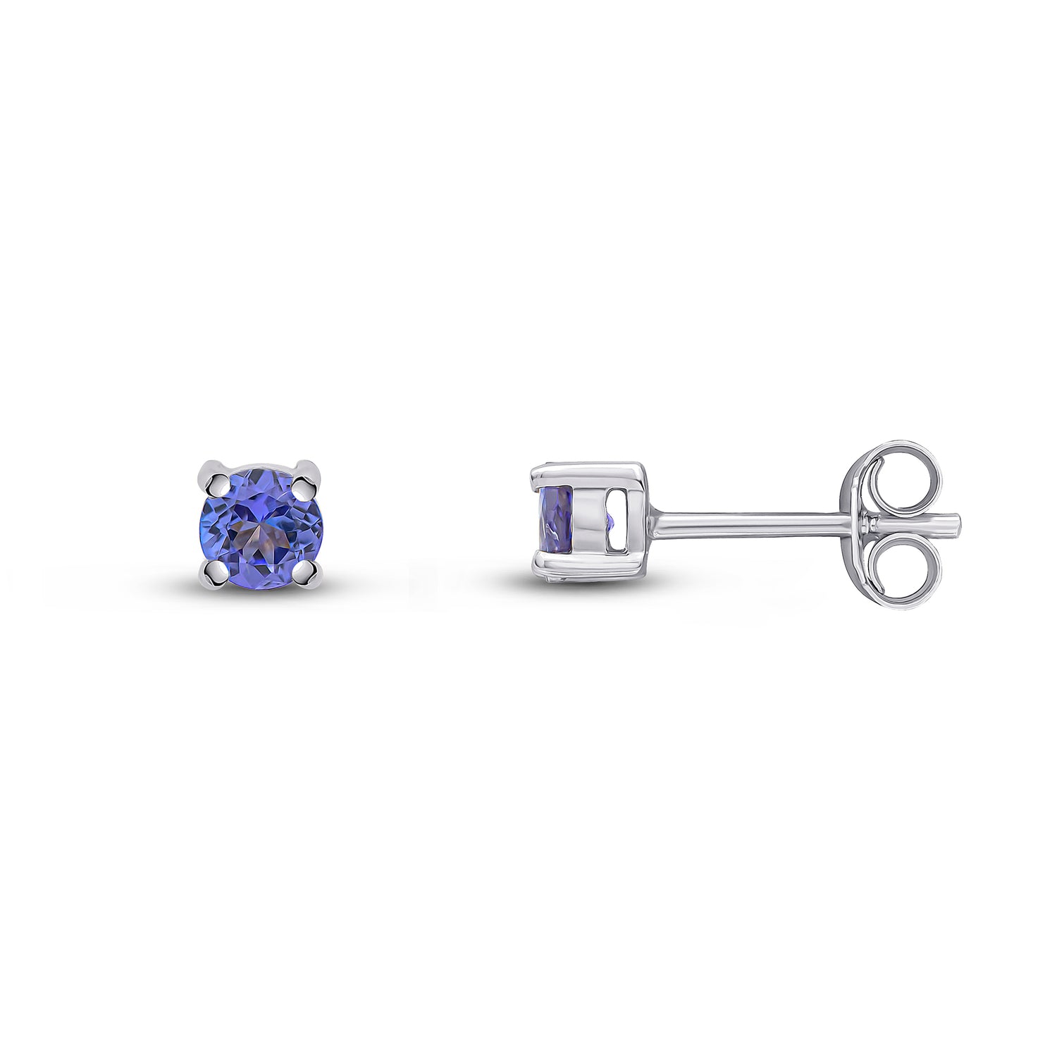 9ct White Gold Round Natural Tanzanite Claw Stud Earrings — 4mm